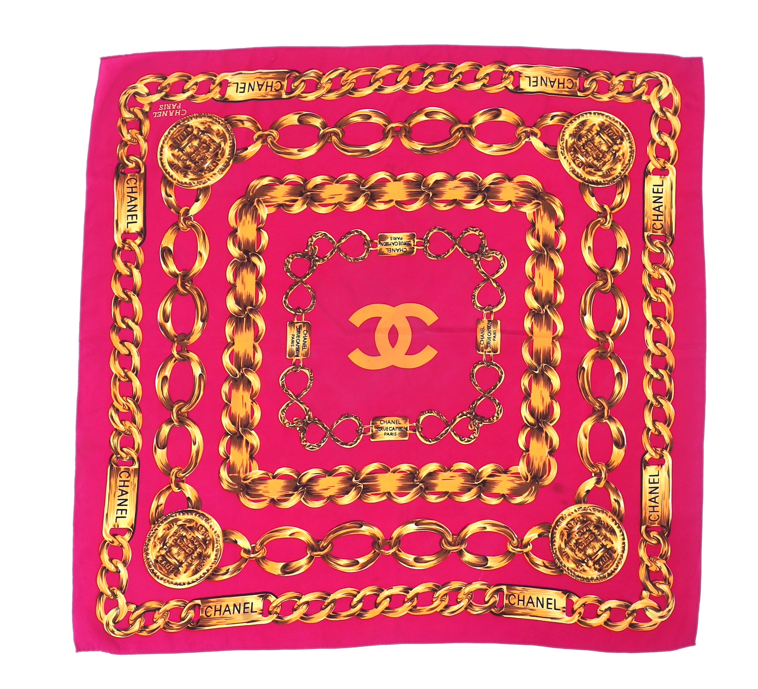 A Chanel Chain pink and gold silk scarf, 80cm x 80cm